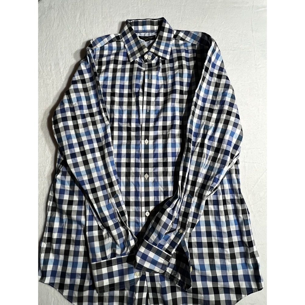 Banana Republic Mens Slim Fit Non Iron Gingham Button Down Shirt Blue Black L